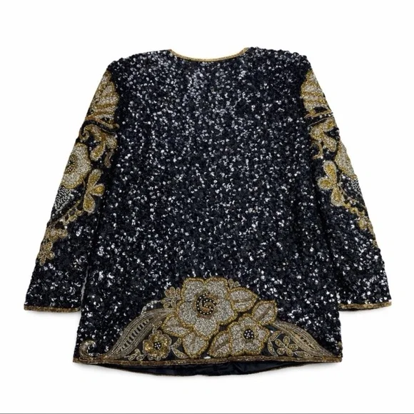 Vintage Night Vogue Black Sequin Silk Jacket Gold Embroidery Formal Sz M - Picture 3 of 10